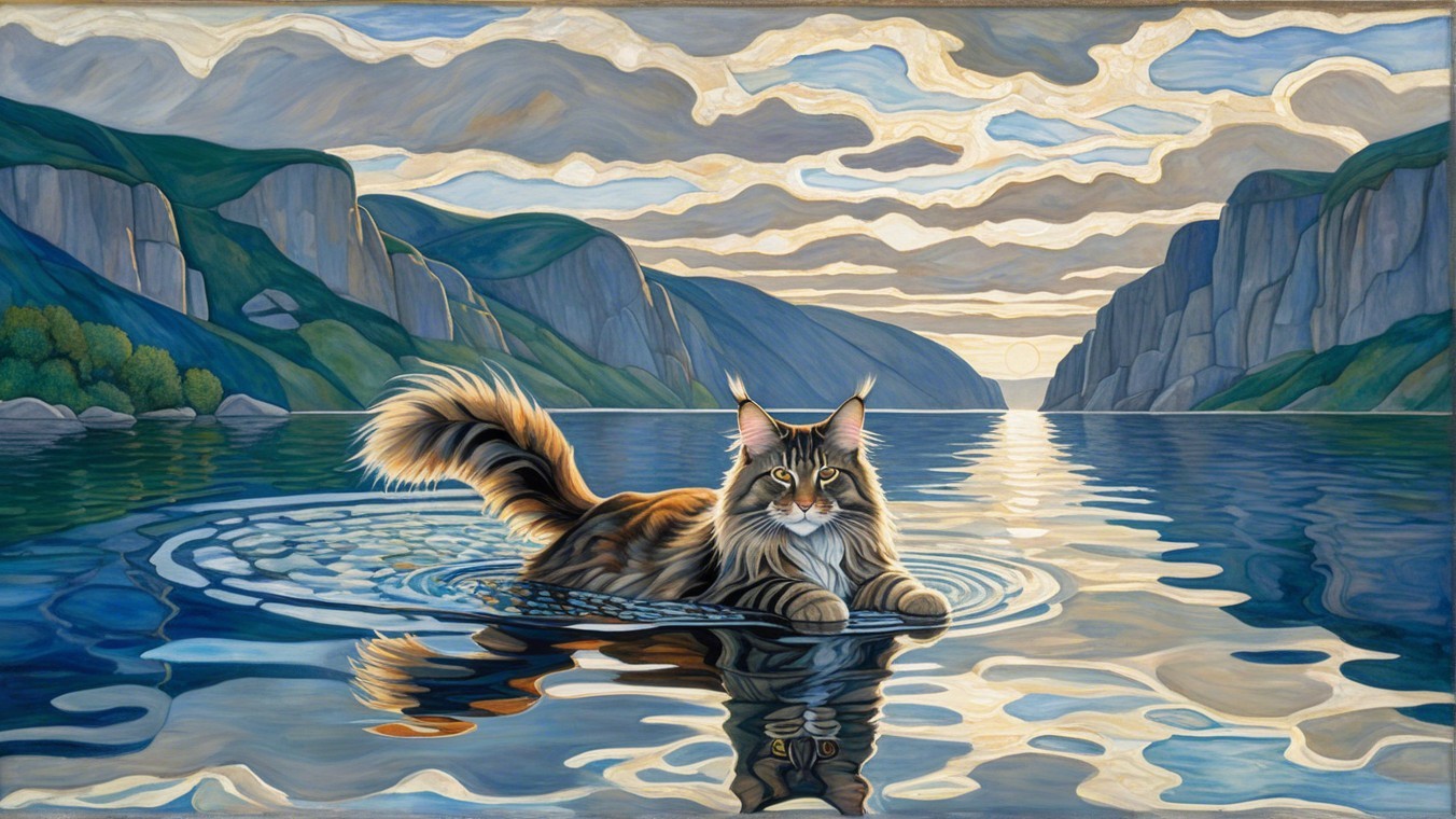 Maine Coon Cat on a Serene Lake at Sunset