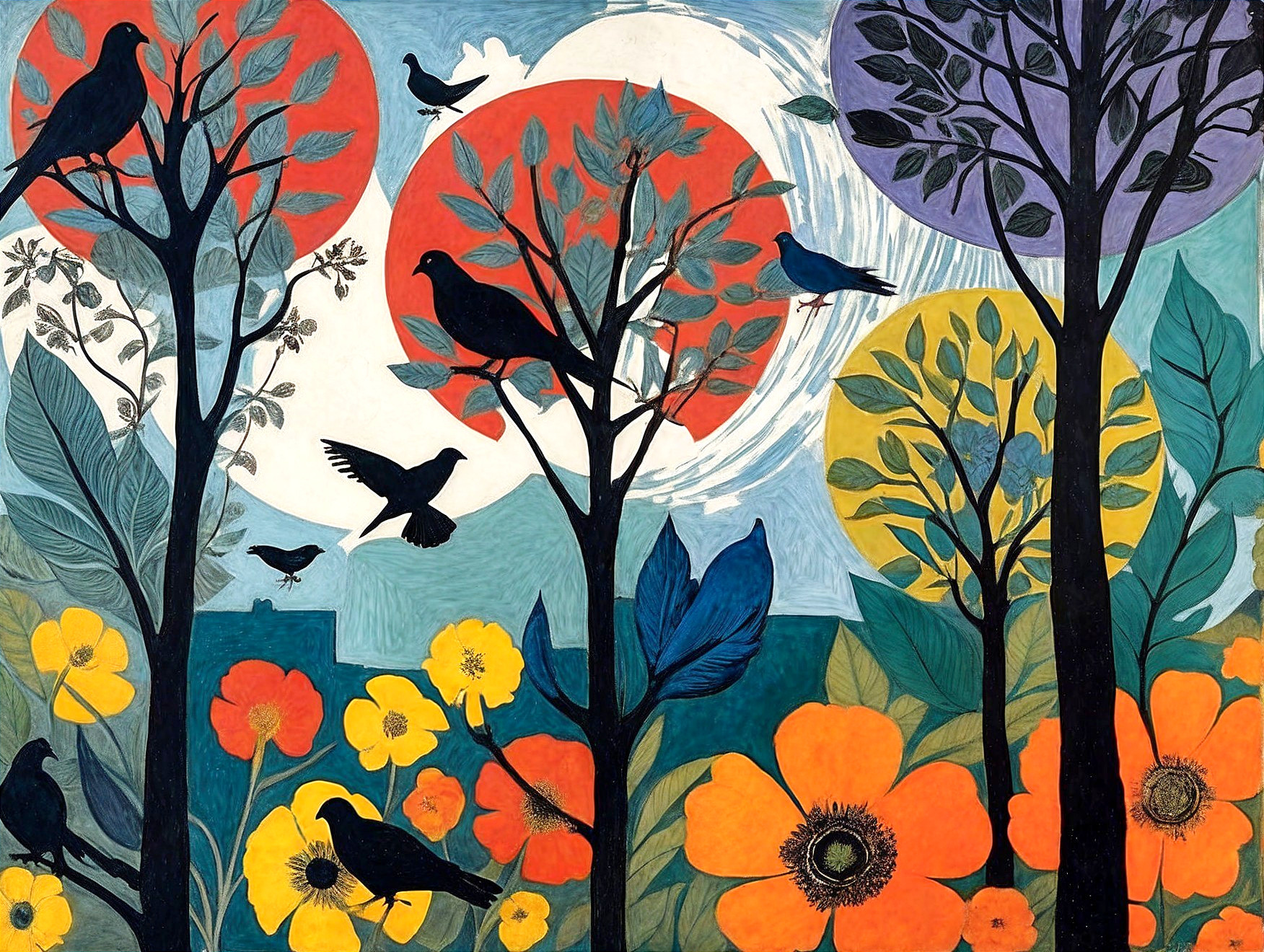 Vibrant Artwork with Stylized Trees and Flowers