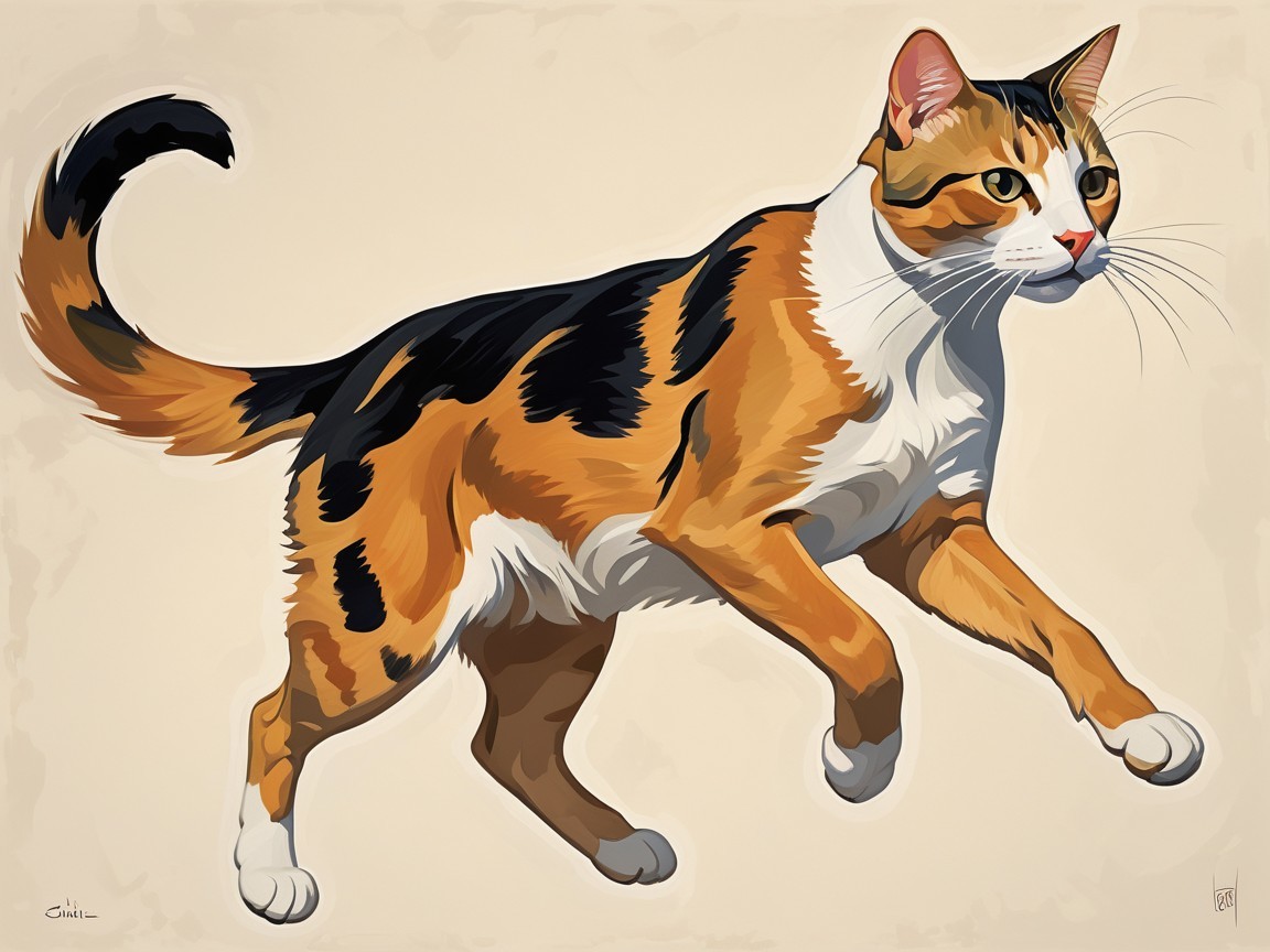 Calico Cat in Mid-Leap with Vibrant Fur and Green Eyes