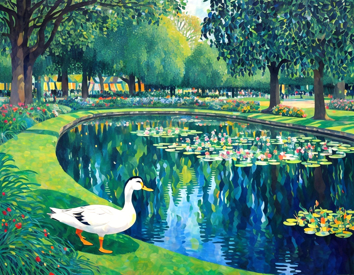 Tranquil Park Scene with Pond and Lush Greenery