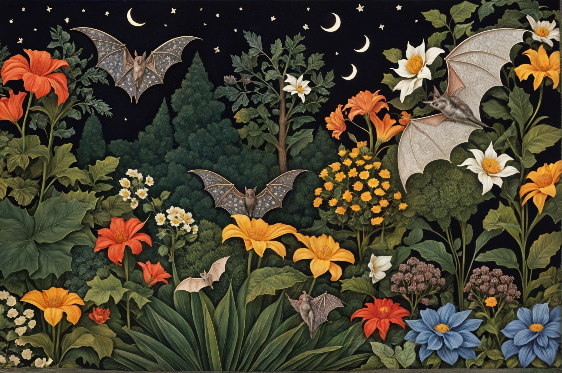 Vibrant Nocturnal Scene with Flowers and Bats