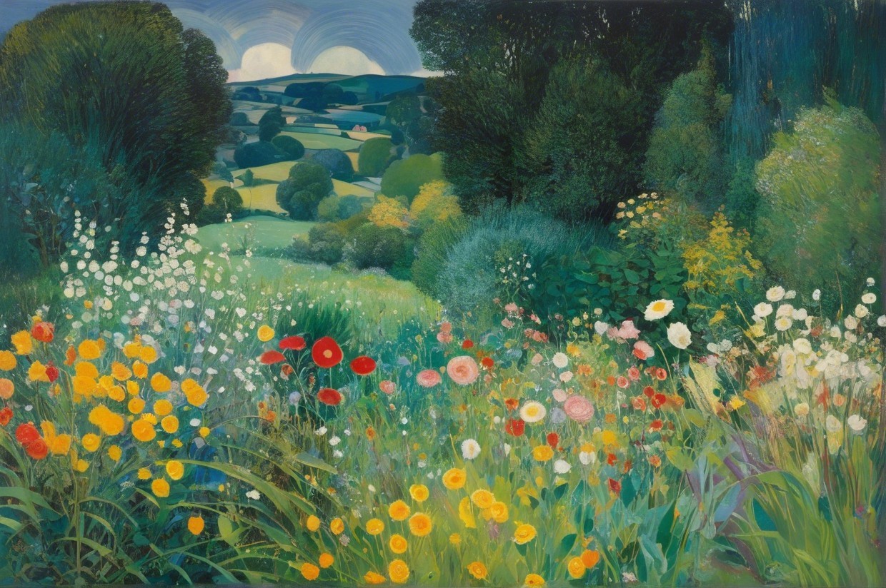 Vibrant Landscape Painting of Lush Countryside Scene