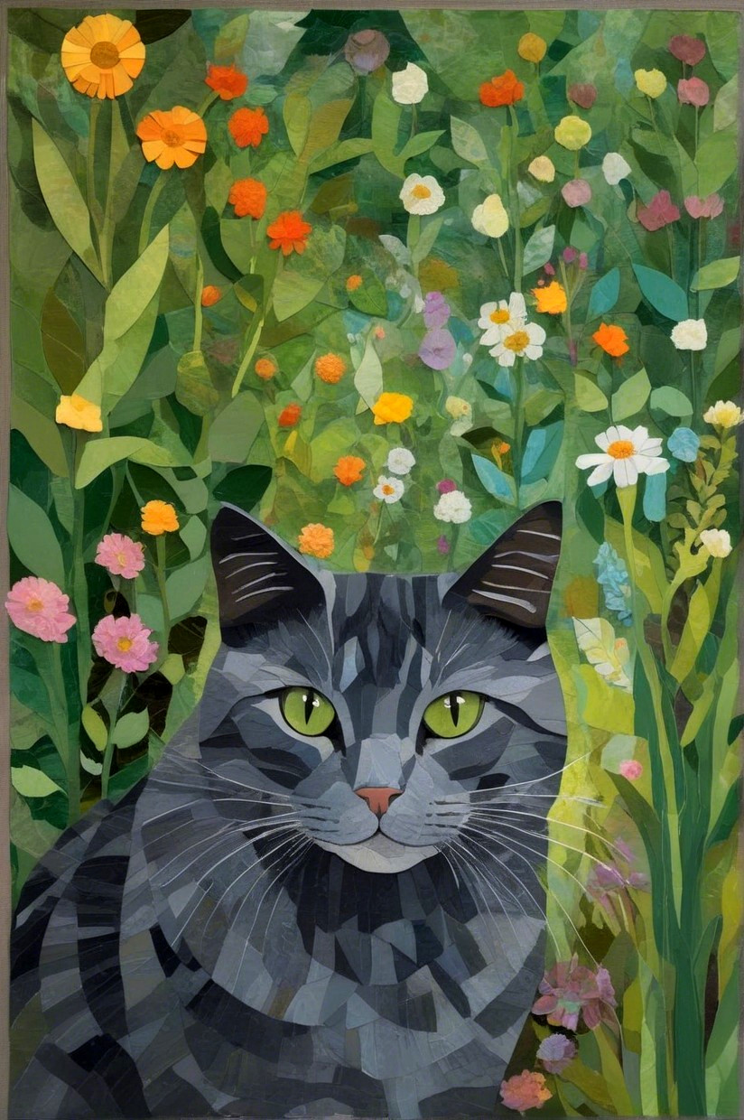 Gray Cat Surrounded by Colorful Wildflowers Artwork