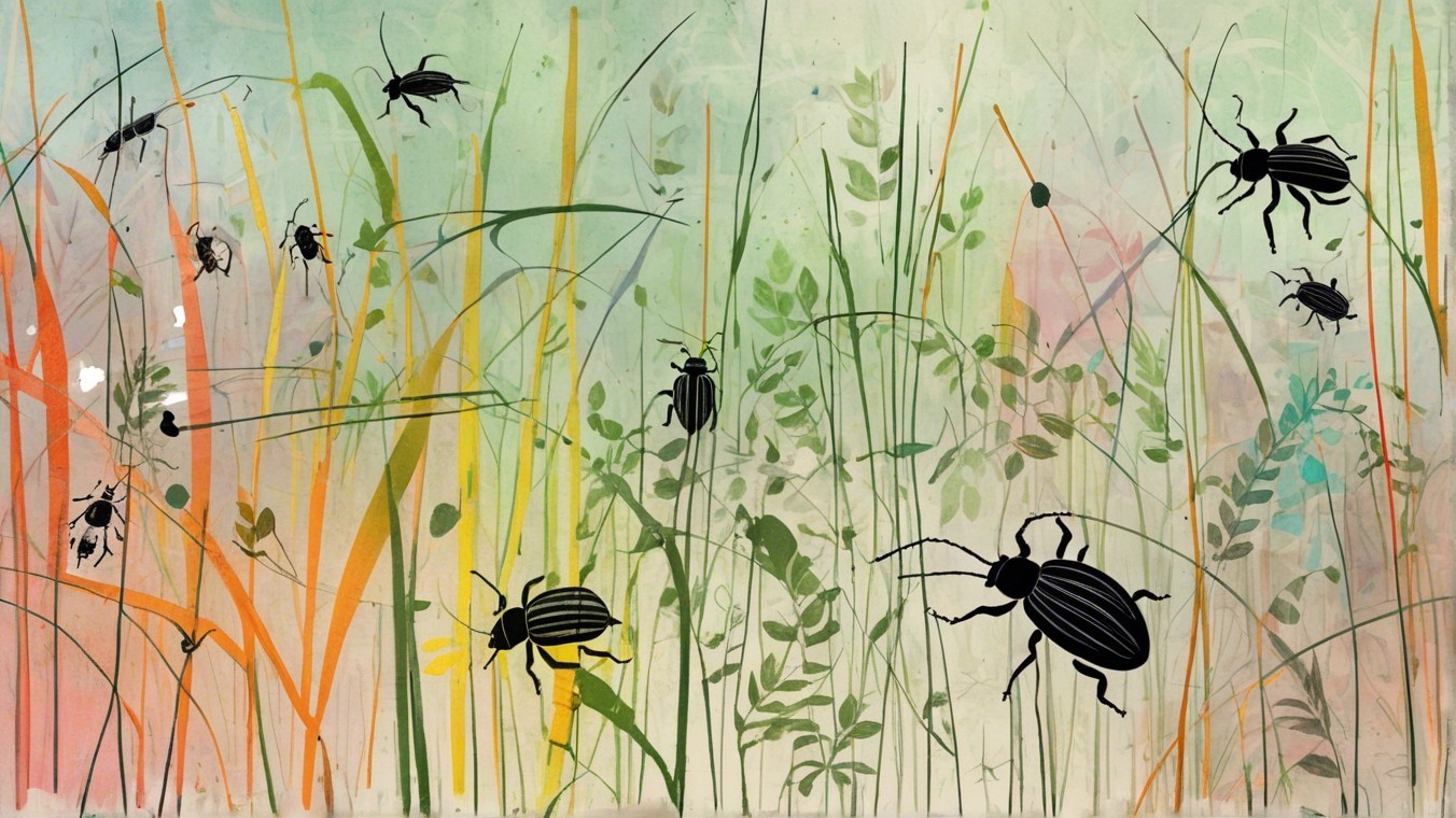 Colorful Field Illustration with Beetles and Foliage