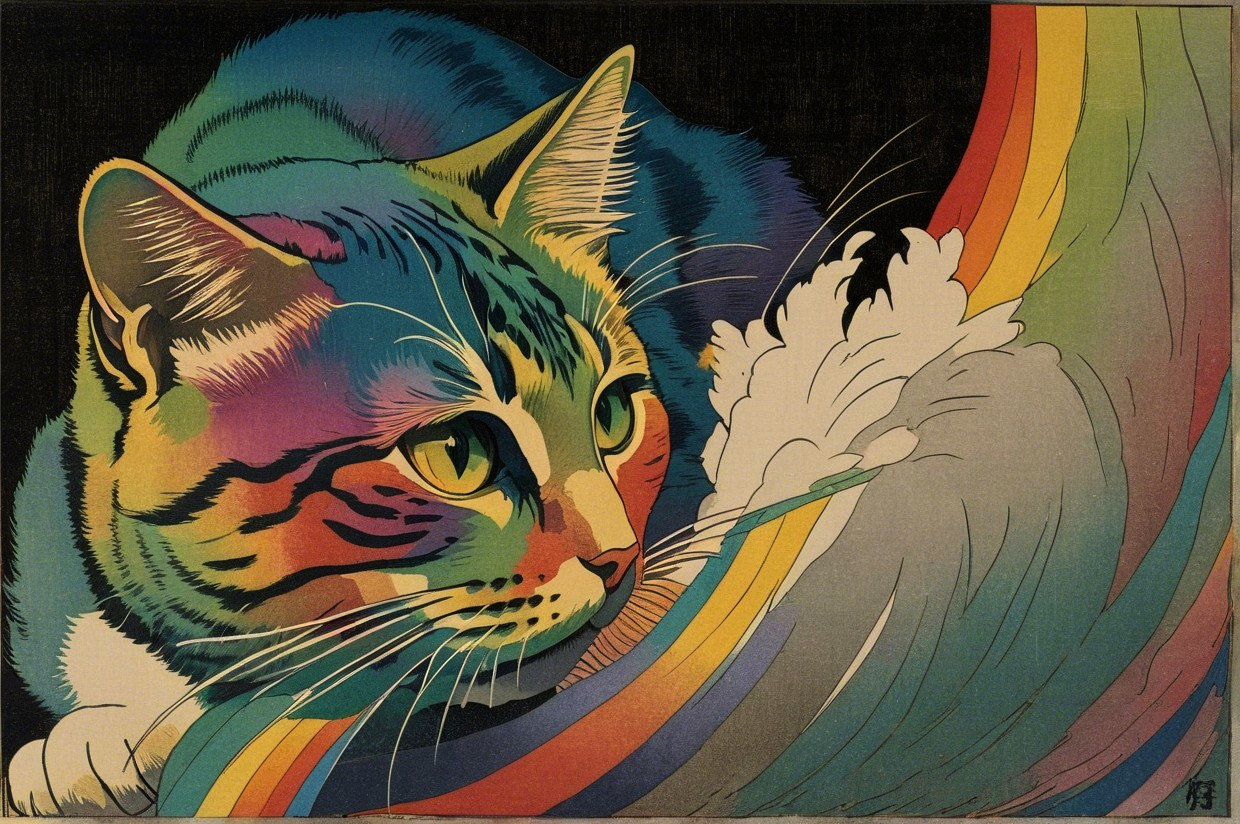 Colorful Cat Illustration with Rainbow and Dark Background