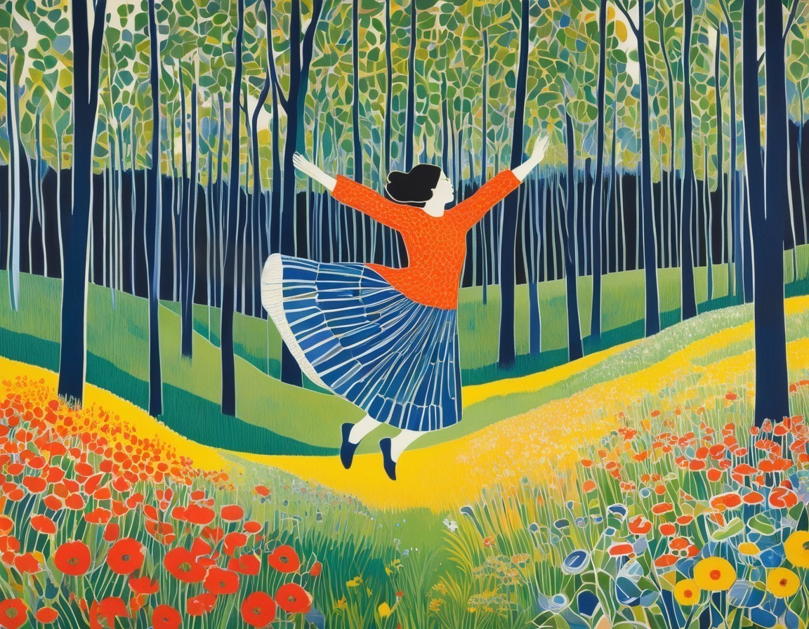 Joyful Woman Dancing in a Sunlit Forest Scene