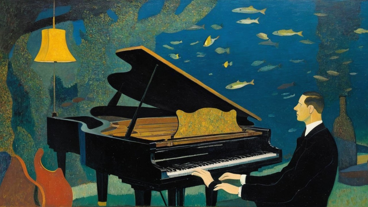 Underwater Scene of a Man Playing Piano with Fish