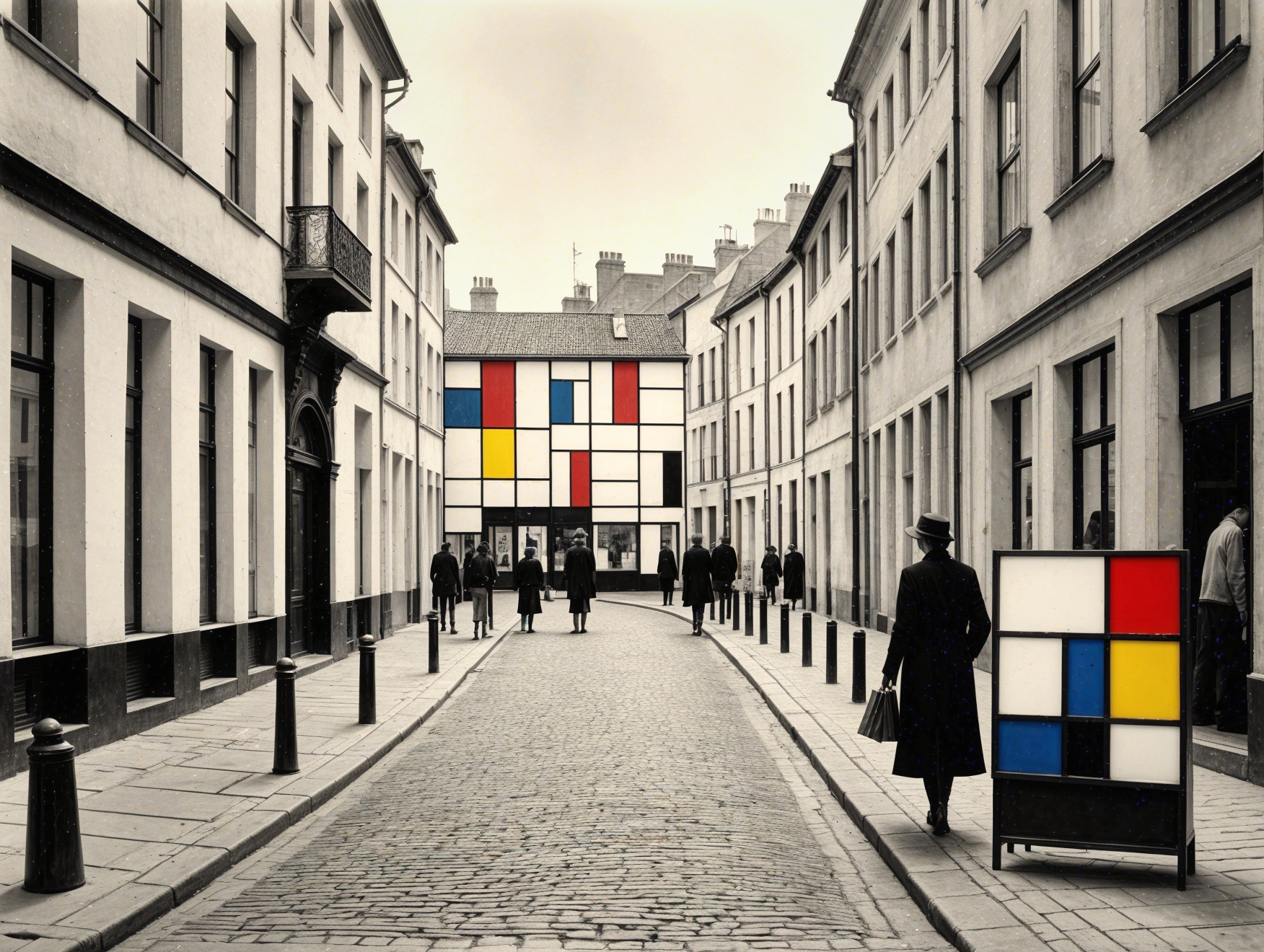 Historic street scene with cobblestone path and art