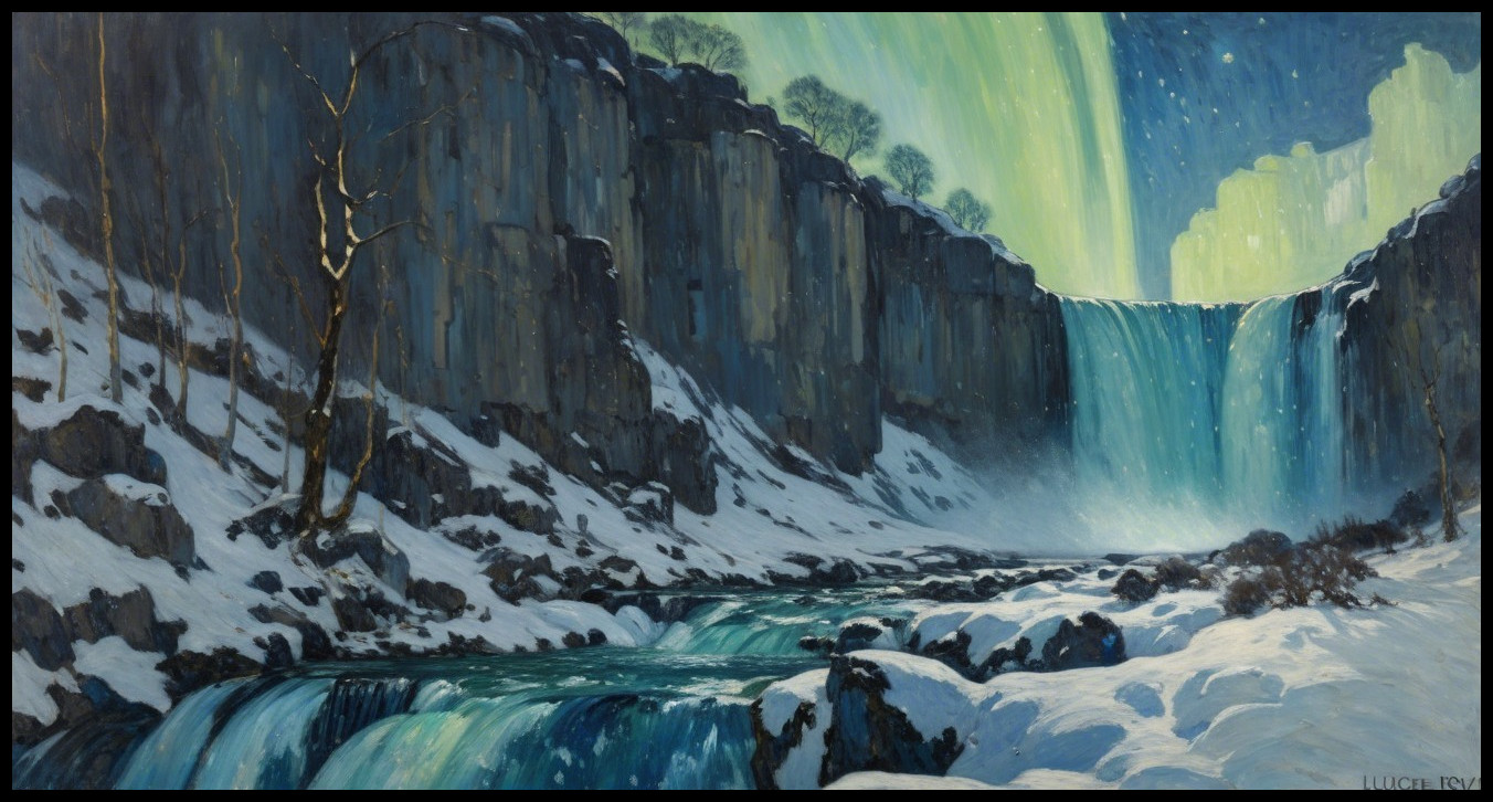 Winter Landscape with Waterfall and Aurora Borealis