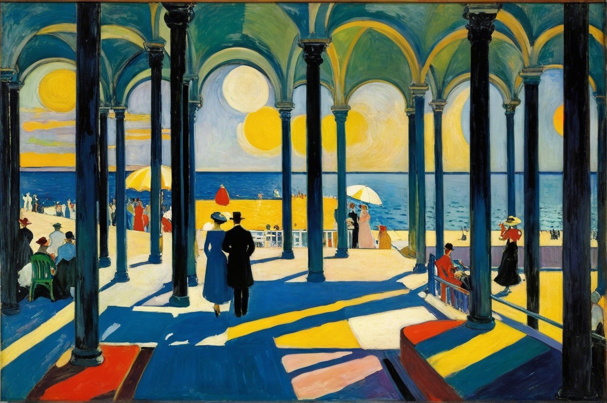 Vibrant Seaside Scene with Archways and Sunlit Figures