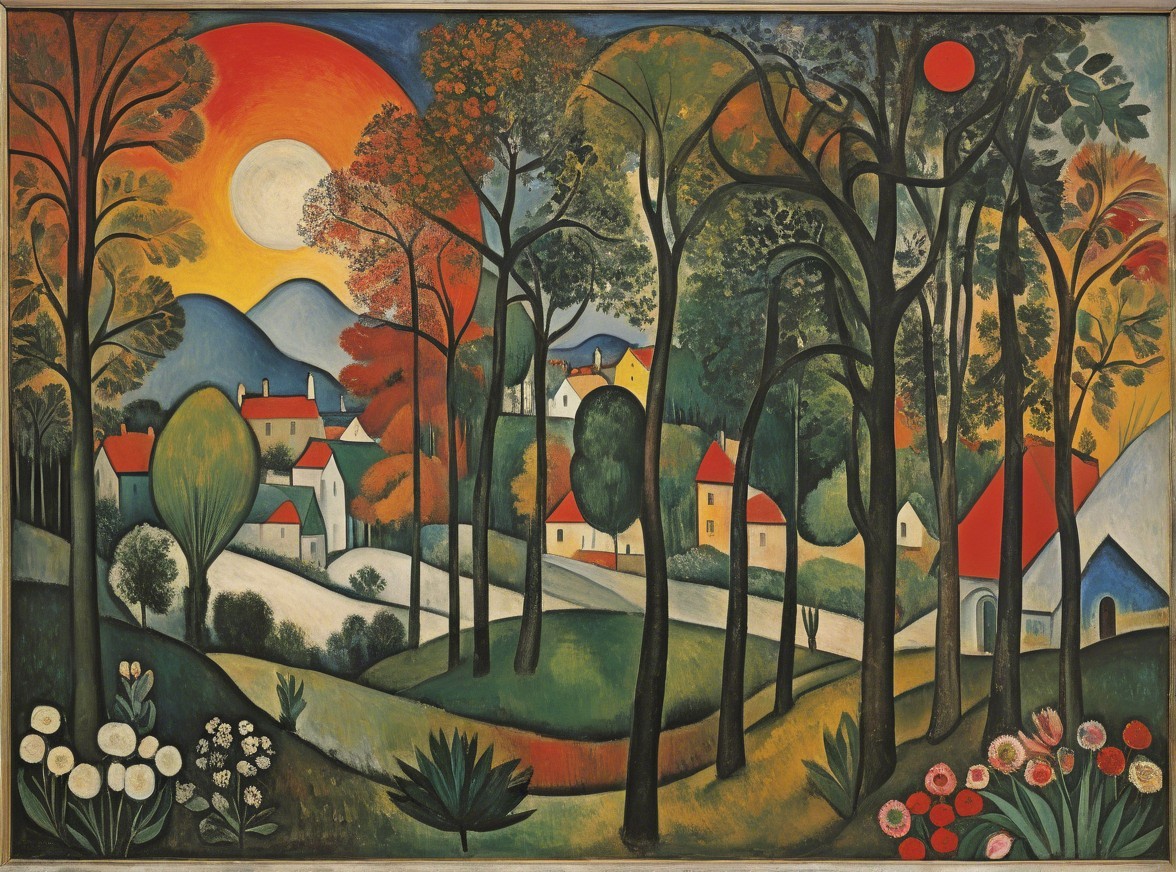 Vibrant Landscape Painting with Autumn Colors and Sunsets