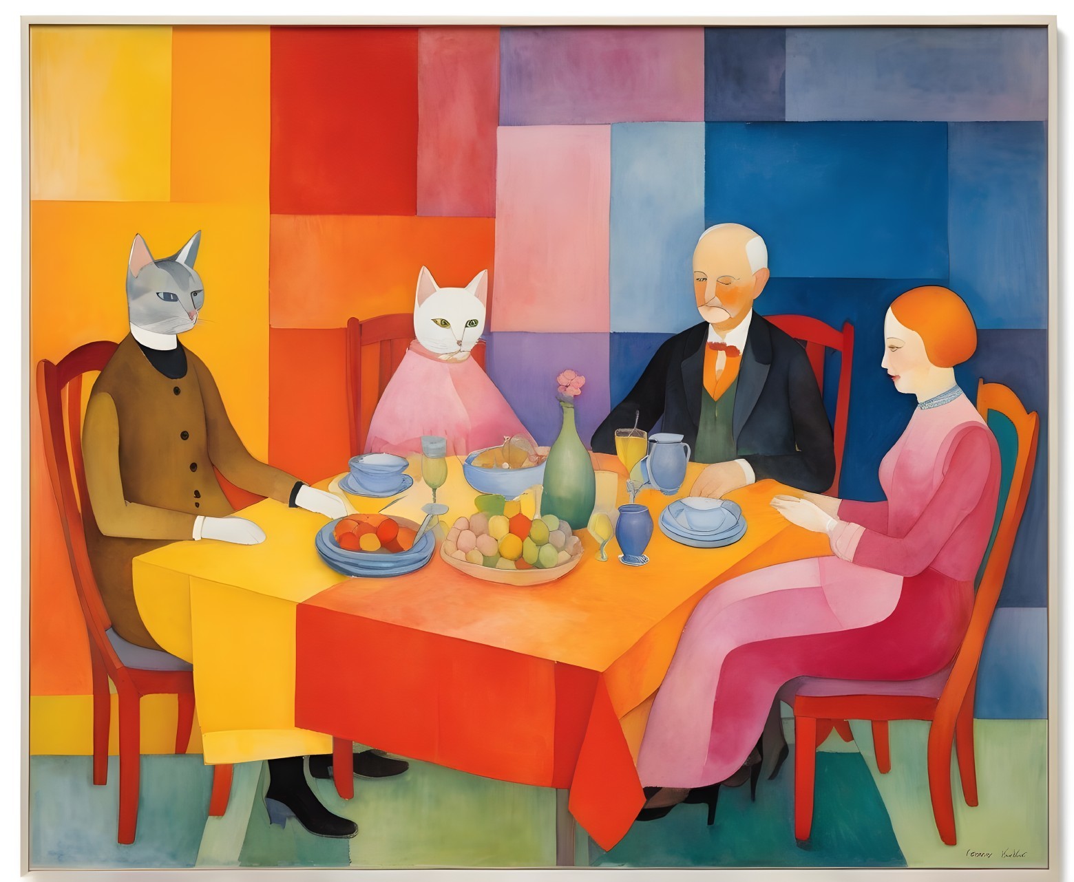 Colorful Painting: Two Cat-Headed Figures with Humans at Table