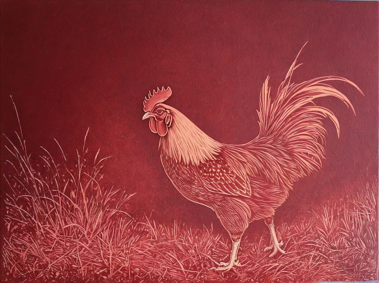 Rooster Depiction with Vibrant Feathers on Red Background