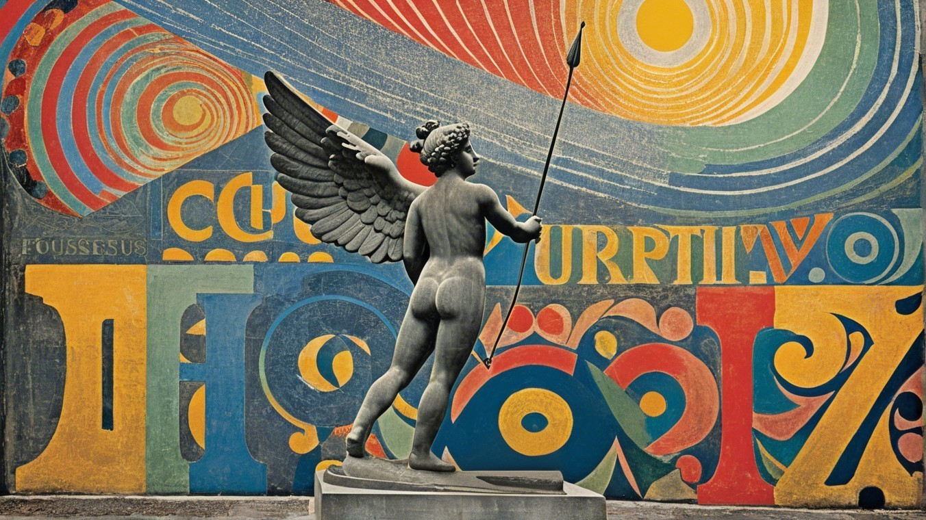 Winged Cherub Statue in Front of Abstract Mural
