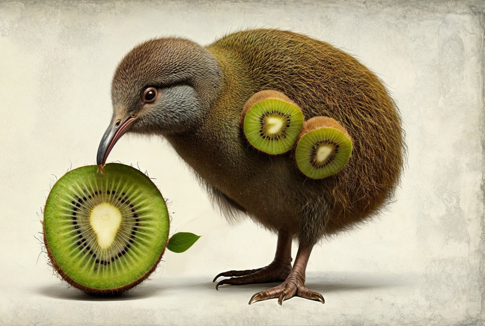 Whimsical Kiwi Bird with Fruit Elements in Soft Background