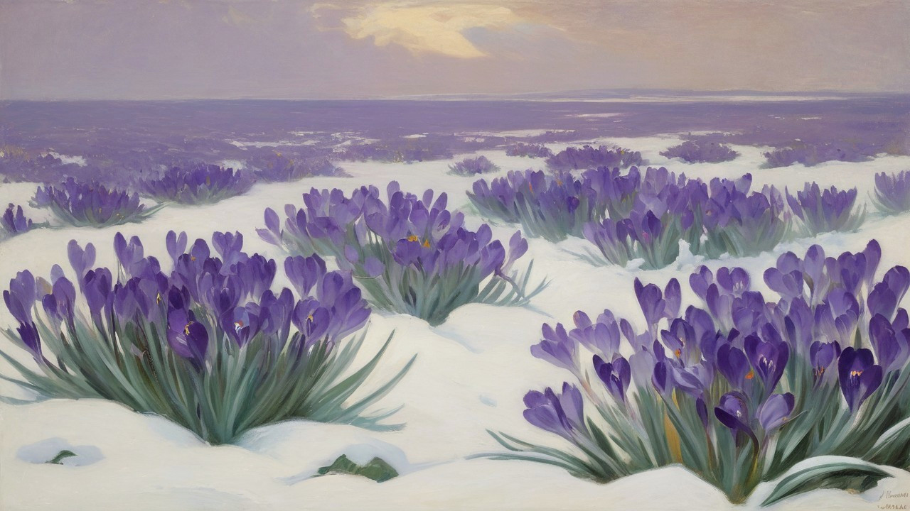 Serene Landscape of Purple Crocuses in Snow