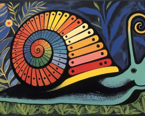 Whimsical Snail with Rainbow Shell and Green Leaves