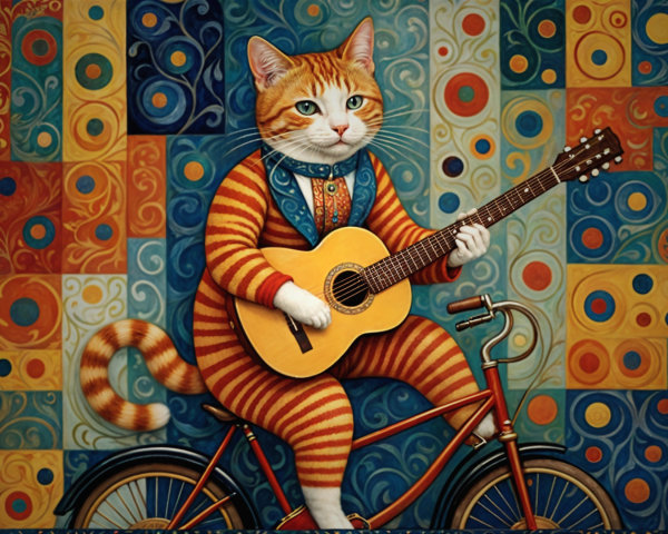 Whimsical Ginger Cat Playing Guitar on Colorful Bicycle
