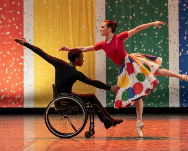 Dancers Collaborating on Stage with Colorful Backdrop