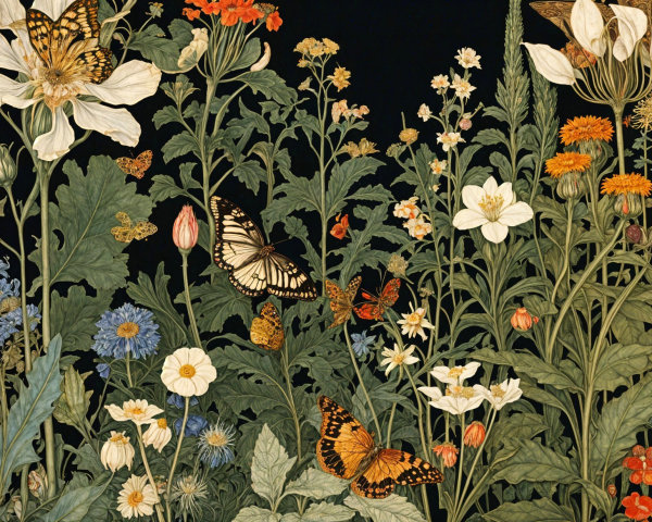 Colorful Wildflowers and Butterflies in Dark Landscape
