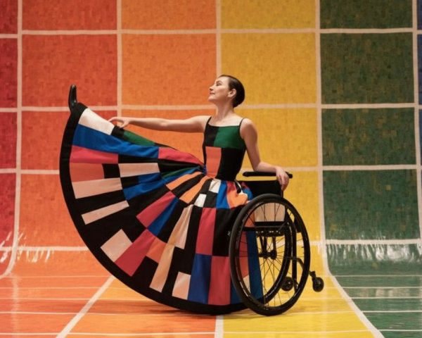 Vibrant Scene of Woman in Colorful Dress in Wheelchair