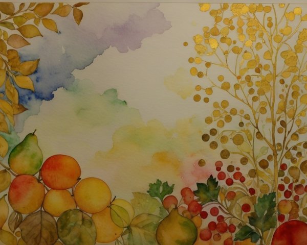 Vibrant Watercolor Artwork of Fruits and Foliage
