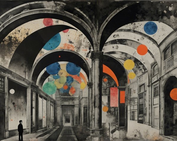 Abstract Interior with Arches and Colorful Circles