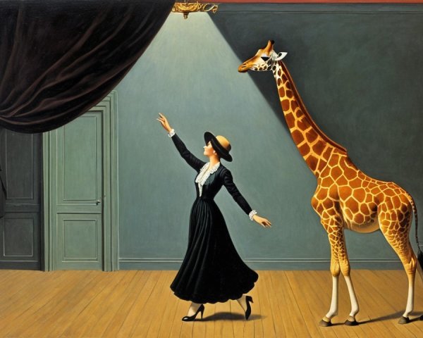 Surreal Scene of Woman and Giraffe in Dim Room