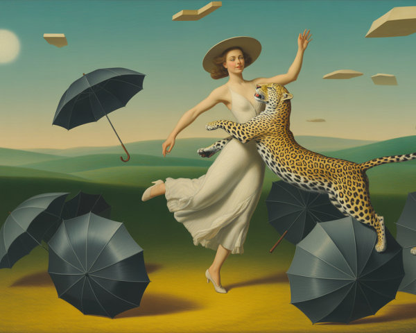 Whimsical Dance with Leopard in Vibrant Landscape