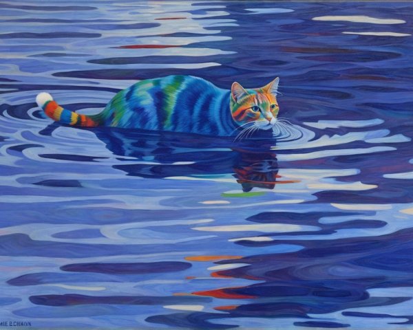 Vibrant Cat Swimming in Colorful Water Reflections