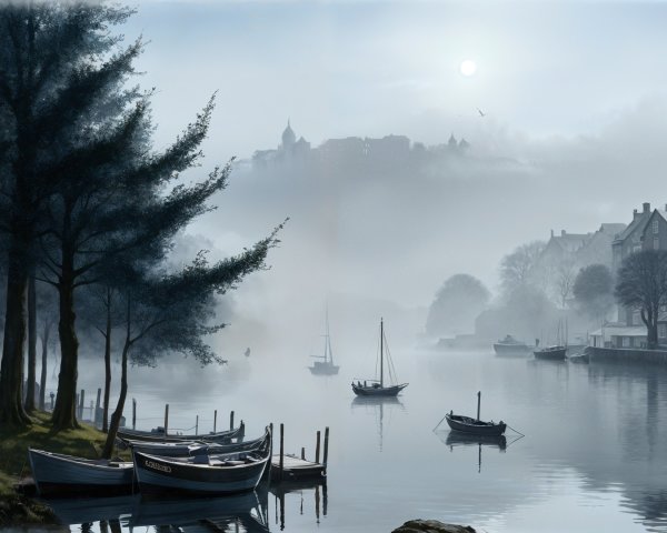 Serene Riverscape with Mist and Silhouetted Trees