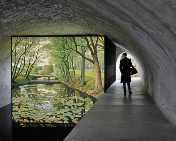 Figure in Dark Coat in Curved Corridor with Mural
