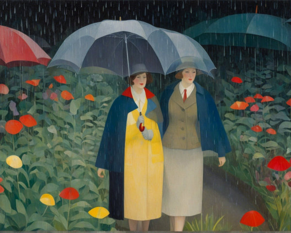 Women with Umbrellas Walking on a Flower-Lined Path
