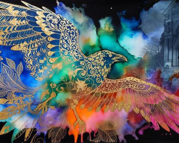 Colorful Background with Ornate Bird and Building