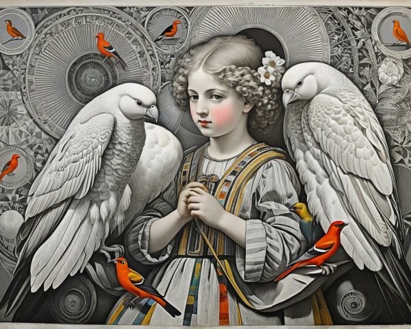 Young girl in colorful dress with doves and birds