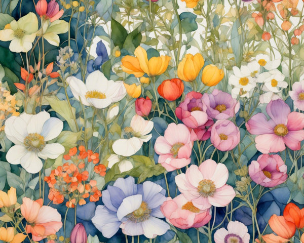 Vibrant Watercolor Composition of Diverse Flowers