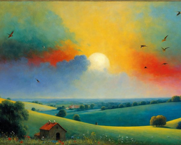 Serene Landscape with Rolling Hills and Sunset Sky