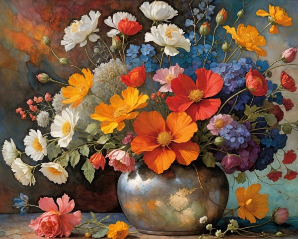Vibrant Flower Bouquet in Silver Vase with Colorful Display