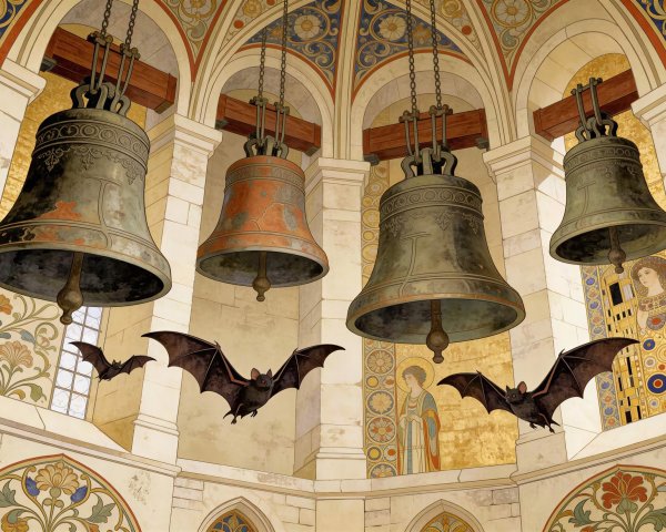 Ornate Gothic Bell Tower with Antique Bells and Bats