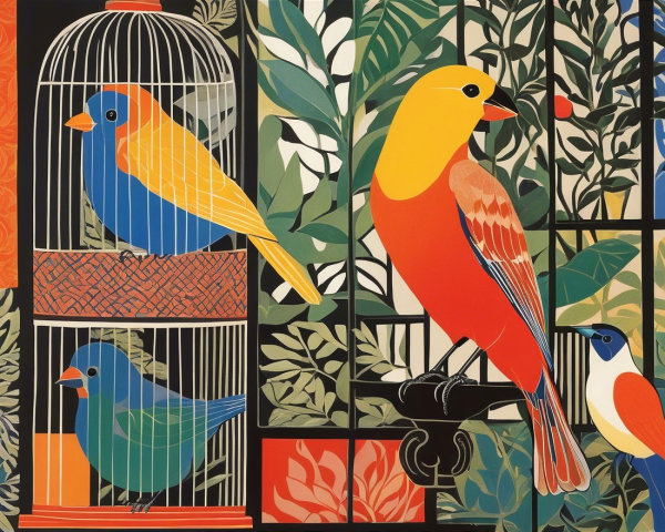 Vibrant Birds Amidst Lush Green Foliage and Patterns