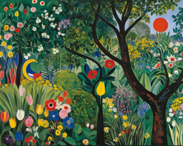 Vibrant Garden Scene with Colorful Flowers and Trees