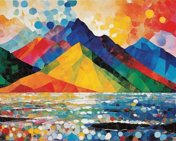 Vibrant Artwork of Colorful Stylized Mountains and Water