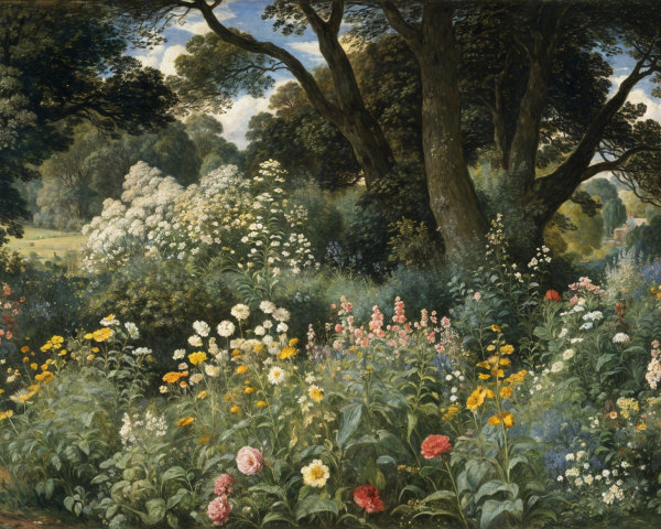Vibrant garden scene with colorful flowers and greenery