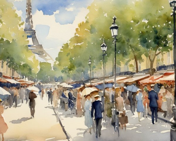 Parisian Street Scene with Umbrellas and Market Stalls
