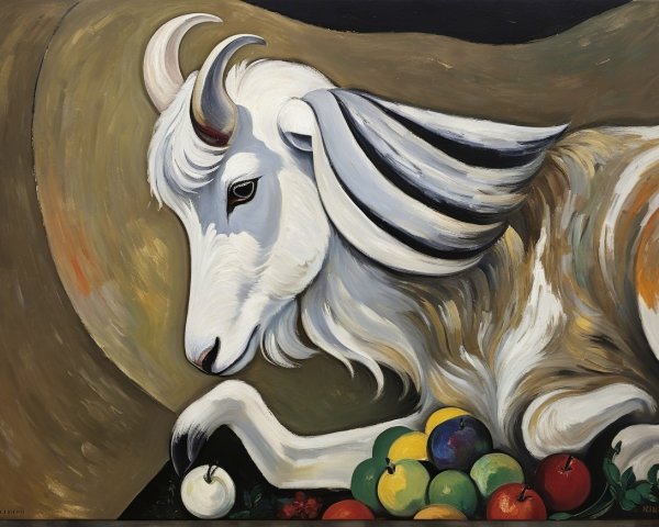 Stylized White Goat with Fruit on Neutral Background