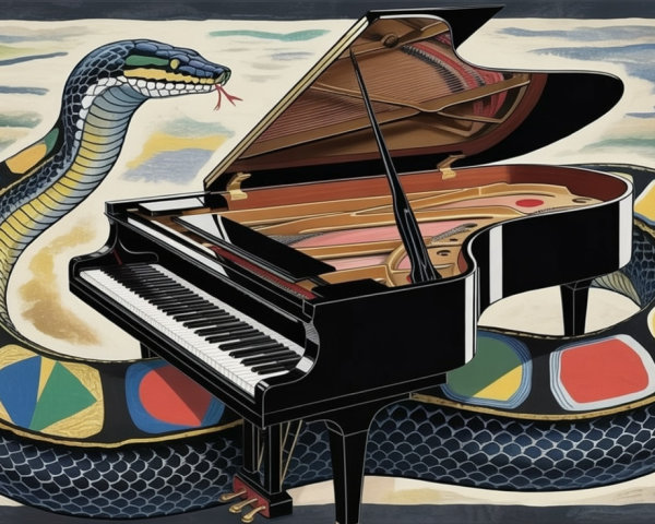 Grand piano with colorful patterns and stylized snake