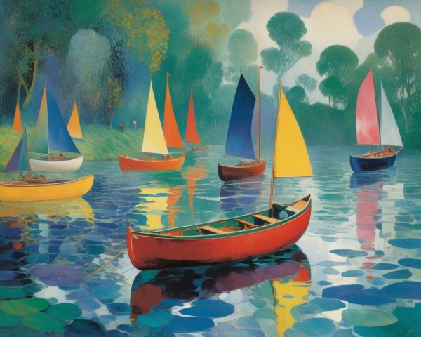 Vibrant Sailboats on a Tranquil Lakeside Scene