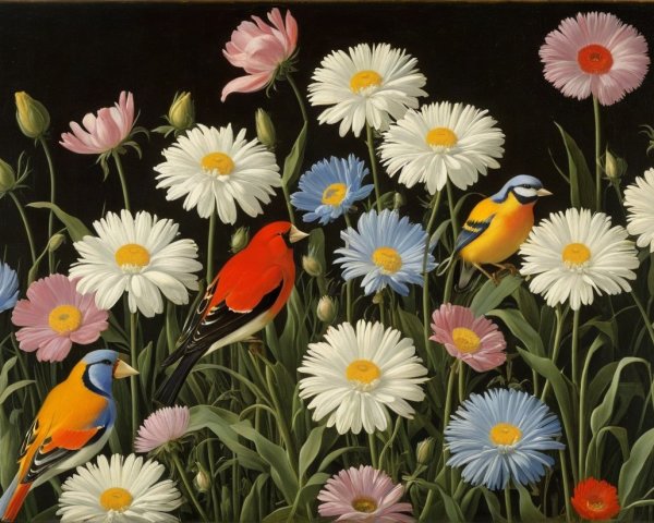 Vibrant Floral Scene with Colorful Birds in Garden