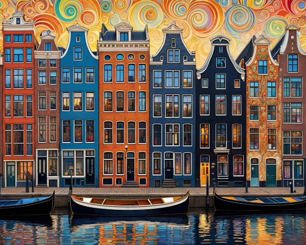 Vibrant Amsterdam Canal Scene with Colorful Buildings