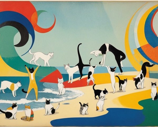 Colorful Cats Enjoying a Vibrant Beach Scene
